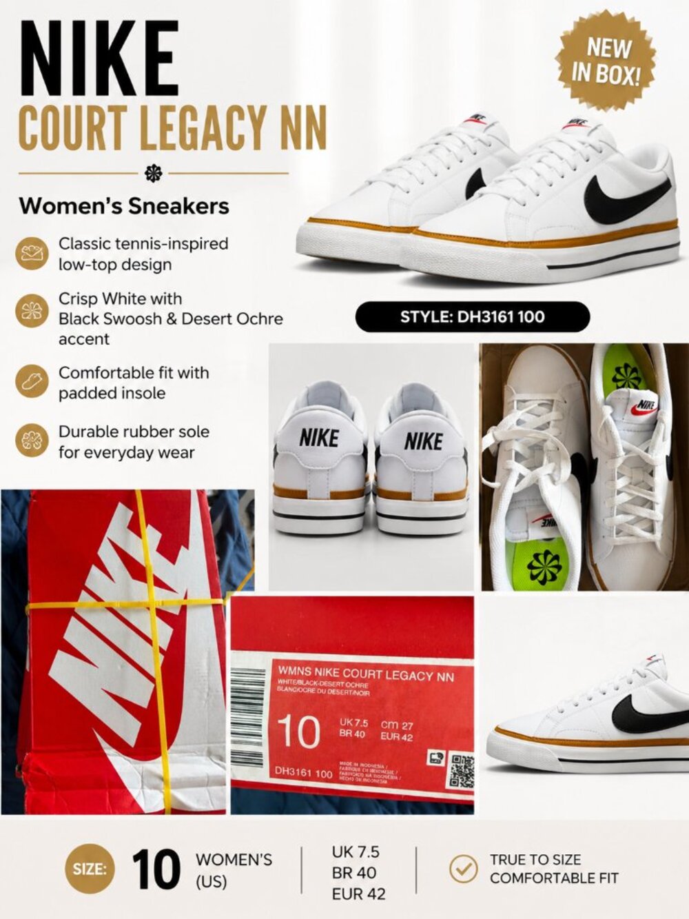 Nike Court Legacy NN Sneakers Women's Size 10 White Black Desert Ochre DH3161-10